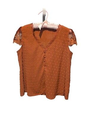 Rust Orange Lace Cap-Sleeve V-Neck Blouse, Size Medium